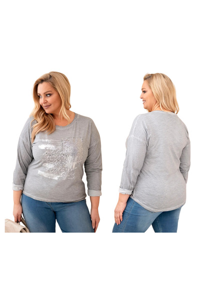 Kesi Bluză gri pentru femei, din bumbac, mărime plus, cu aplicații decorative