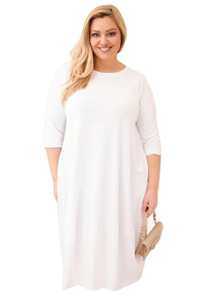 Kesi Rochie albă din bumbac pentru femei, mărime plus, cu mâneci rulate și bu...