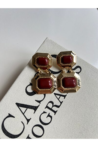 Özce Red Stone Gold Vintage Dangle Women's Earrings