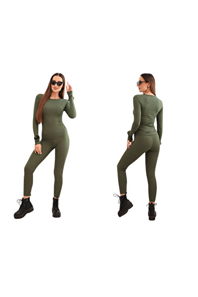 Kesi Set bluză și colanți din viscoză cu nervuri, kaki, pentru femei