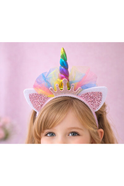 LİA CLİPS CO Unicorn Kız Çocuk Tacı – Gökkuşağı Boynuzlu Prenses Taç Simli Ku...