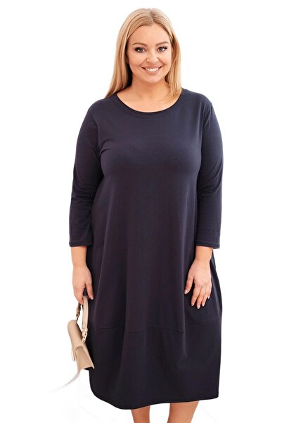 Kesi Navy blue Cotton dress, plus size, with rolled sleeves and pockets