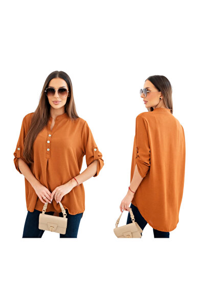 Kesi Bluză de damă cu mâneci suflecate, culoare cămil închis