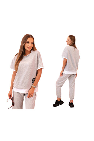 Kesi Set trening gri din viscoză pentru femei cu garnitură contrastantă