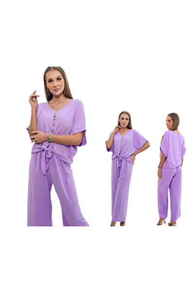 Kesi Set de damă violet deschis: bluză cu nasturi și pantaloni cu croi larg