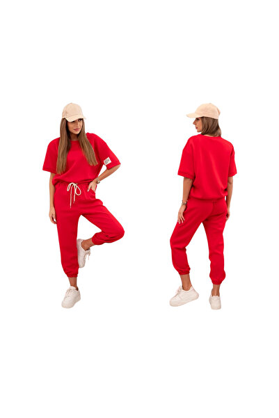 Kesi Set BUTTER roșu pentru femei, confecționat din viscoză, cu bluză lejeră ...