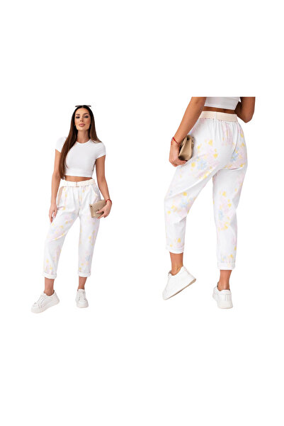 Kesi Women's white Viscose trousers with Printed and Belt