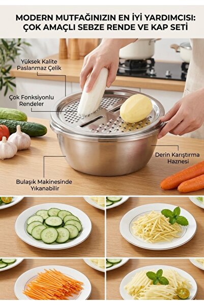 RED KİTCHEN 3'ü 1 Arada Paslanmaz Çelik Rende ve Hazneli Hazırlık Seti 24 CM