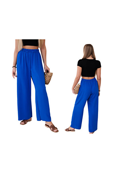 Kesi Pantaloni de damă din viscoză, albastru-albăstrele, cu croi larg, talie ...