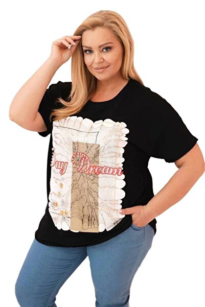 Kesi Bluză de damă din bumbac, mărime mare, cu imprimeu Day Dream, negru + camel