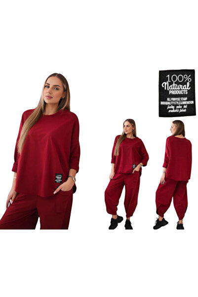Kesi Set de damă din bumbac bordo: hanorac și pantaloni supradimensionați