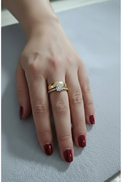 Nurtakı خاتم سوليتير مع خاتم زواج قابل للتعديل بلون الذهب الأبيض