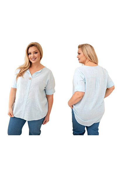 Kesi Women's blue Cotton blouse, plus size, with buttons and 3/4 sleeves