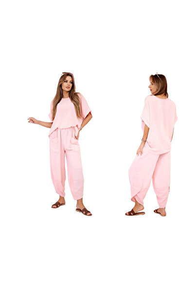 Kesi Set de damă din viscoză roz pudrat - bluză și pantaloni cu mânecă scurtă