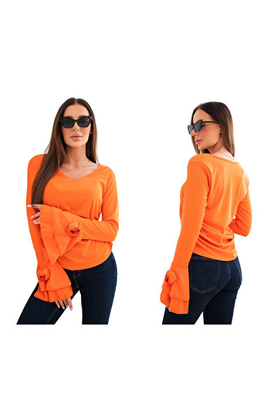 Kesi Bluză portocalie pentru femei din viscoză cu nervuri și volane pe mâneci