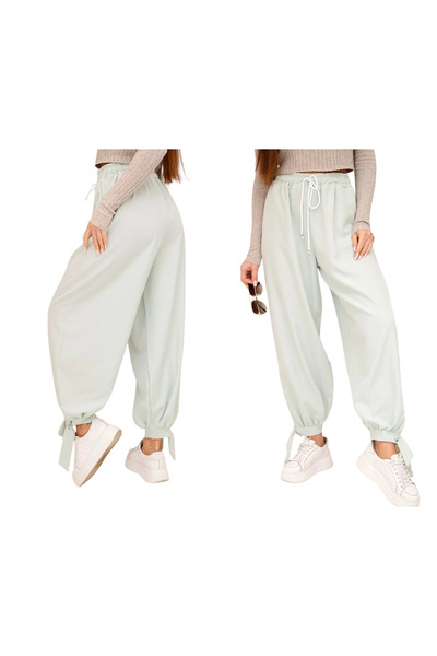 Kesi Pantaloni largi de damă, culoare mentă închisă, cu legături în partea de...