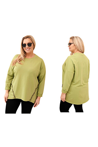 Kesi Bluză verde măsliniu din bumbac, mărime plus, cu dungă laterală și spate...