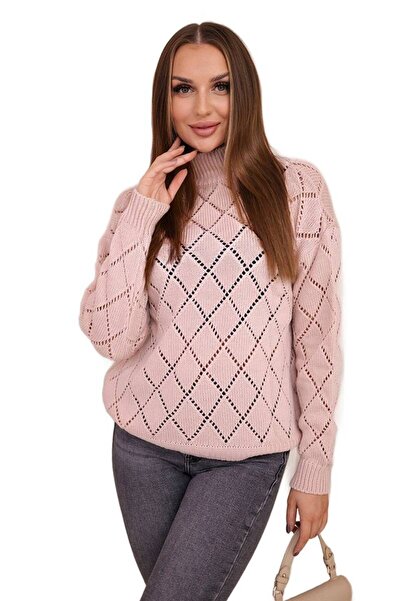 Kesi Pulover cu guler înalt roz pudră, cu romburi