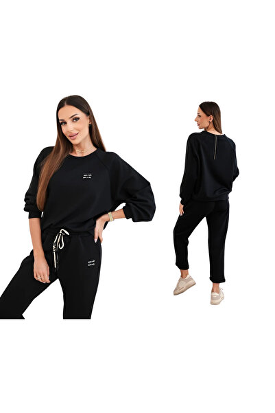 Kesi Set trening negru pentru femei din viscoză cu broderie decorativă