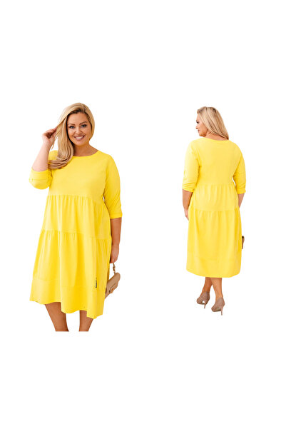 Kesi Yellow Cotton flared dress, plus size, with long sleeves
