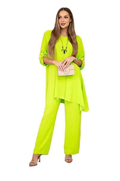 Kesi Set de damă verde neon cu colier: tunică și pantaloni largi