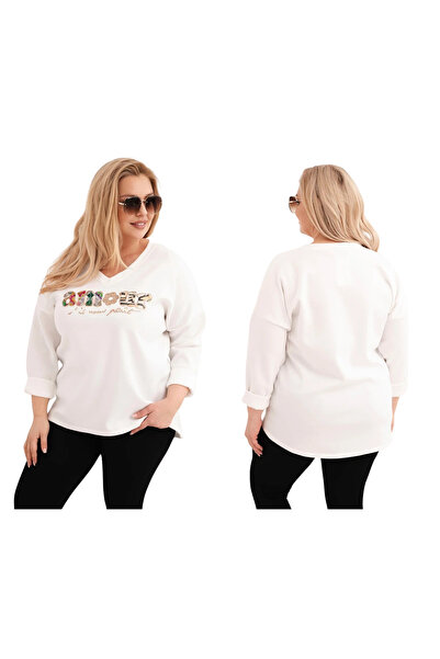 Kesi Women's ecru plus size blouse with V-neck and decorative inscription