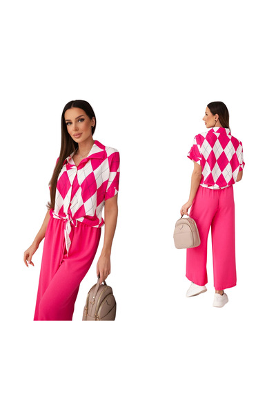 Kesi Set de damă fuchsia din viscoză, format din bluză cămașă și pantaloni largi