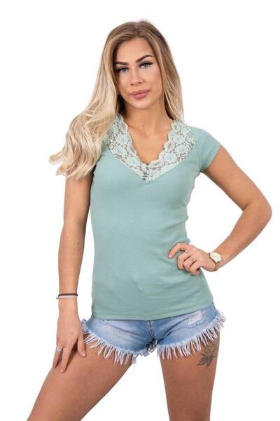 Kesi Dark mint blouse with Lace neckline