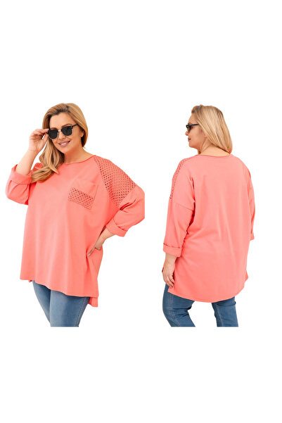 Kesi Bluză de damă OVERSIZE, culoarea caisă, cu inserții de dantelă