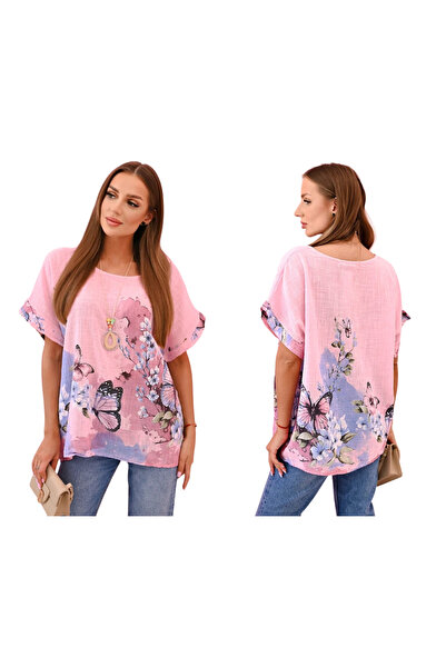 Kesi Bluză roz bombon pentru femei, supradimensionată, cu motiv fluturi și fl...