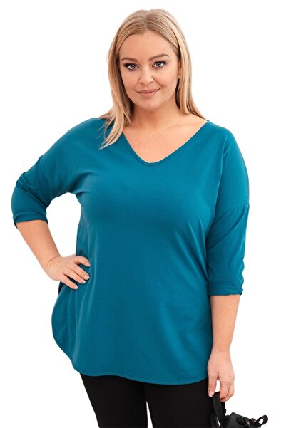 Kesi Bluză bleumarin din bumbac, mărime plus, cu decolteu în V și mâneci rulate