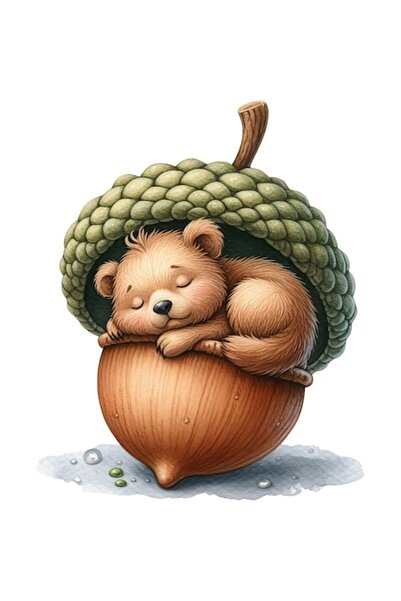 OEM Autocolant decorativ, Ursuleț adormit în ghindă, maro