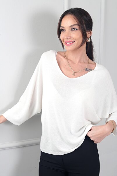 By Saygı Women's V-Neck Bat Sleeve Knitwear Blouse