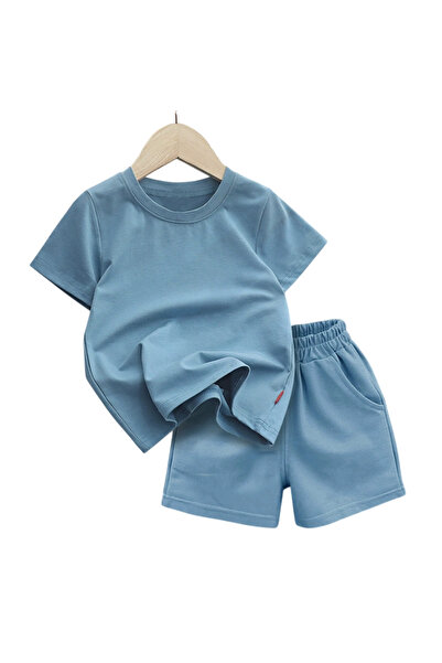 Bidani -Girl Lounge Set T-Shirt & Shorts, Blue Grey, 1Y to 10Y
