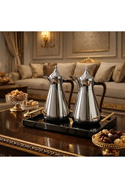 sahal aloula طقم ترامس سنا فضي يد خشب لماع حافض للحرارة من 6-9 ساعات 1 لتر