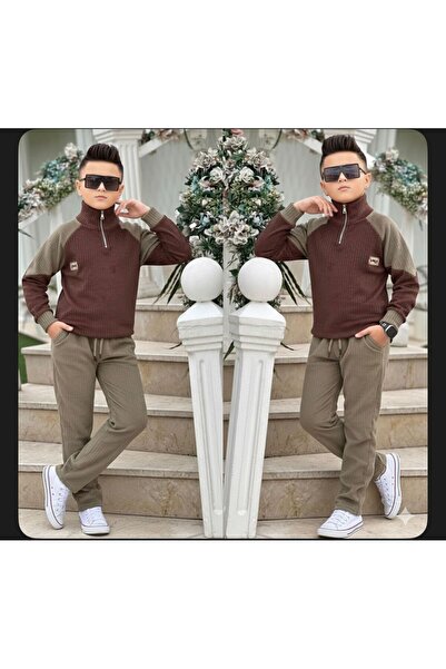 Unisex Çocuk Kadife Takım Fermuarlı Sweatshirt Fitilli Kadife Pantolon Rahat Kalıp 8-16 Yaş
