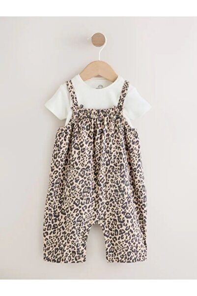 Next Baby %100 Pamuk Leopar Desenli Bebek Jersey Tulum ve Body Takımı