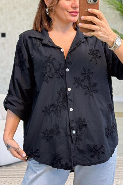 AYASOFYA OTANTIK Γυναικείο ιταλικό πουκάμισο με ανάγλυφο κέντημα με μαύρο λου...