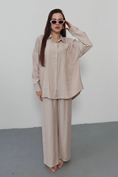 Mogi Butik Oversized Shirt Wide-Leg Pants Relaxed Fit Women's Two-Piece Set 3189