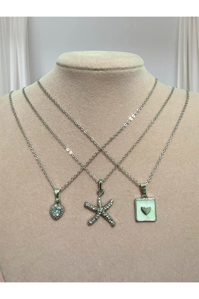 Madam Bikan Gümüş Renk 3 Lü Deniz Yıldızı Minimal Kalp Kare kalp Kombin Set K...