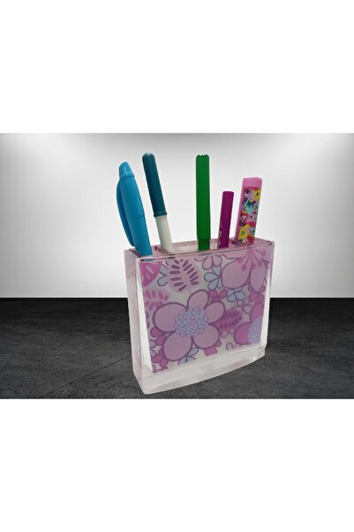 Bosphorus PENCIL HOLDER PINK FLOWERED ACRYLIC OFFICE REAL 10X10X3CM