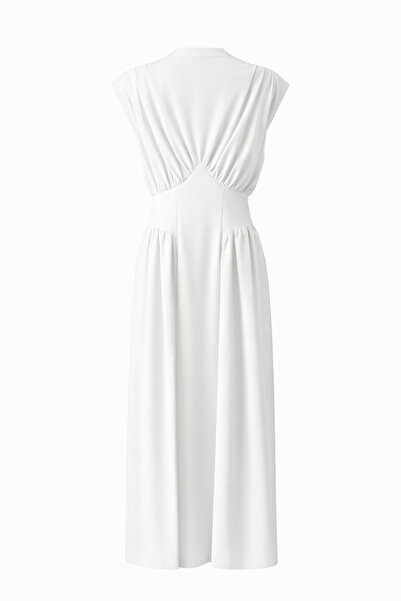 HAZELANNA Drapeli Bel Detaylı Beyaz Maxi Elbise
