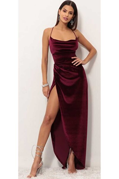 Hanife Glam Couture Hanife Glam sırt dekolteli yırtmaçlı kadife elbise