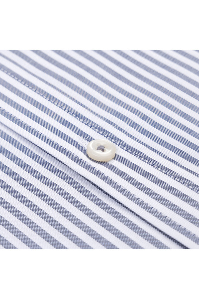 Germirli Testa Sartoriale Navy Blue Striped Exclusive Buttoned Collar Tailor Fit Cotton Shirt