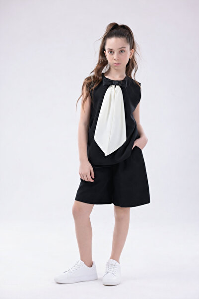 EYLÜL ELİF BUTİK Girl's Black Suit with Bow Blouse and Shorts Skirt Combination