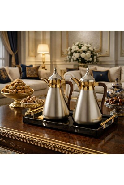 sahal aloula طقم ترامس سنا فضي مطفي مع ذهبي حافض للحرارة من 6-9 ساعات 1 لتر