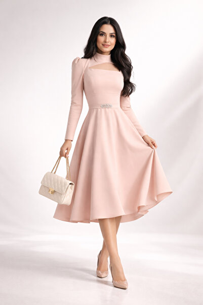 Abad فستان تركي ميدي بلون البيبي بينك بقصة صدر ناعمة