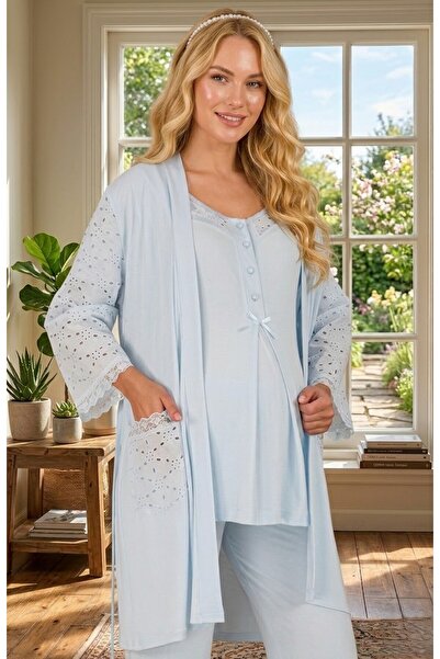 Lohusa Homewear New Season Blue Maternity Summer Eyelet Embroidery Linen Deta...