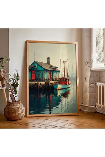 Tuba Decor Tablou cu barcă de pescuit înrămată cu lemn dintr-o singură bucată