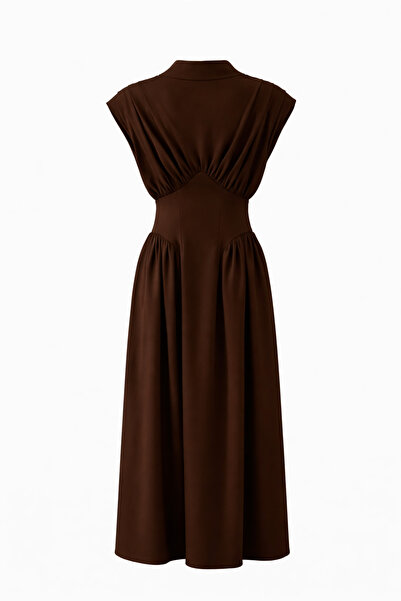 HAZELANNA Drapeli Bel Detaylı Kahverengi Maxi Elbise
